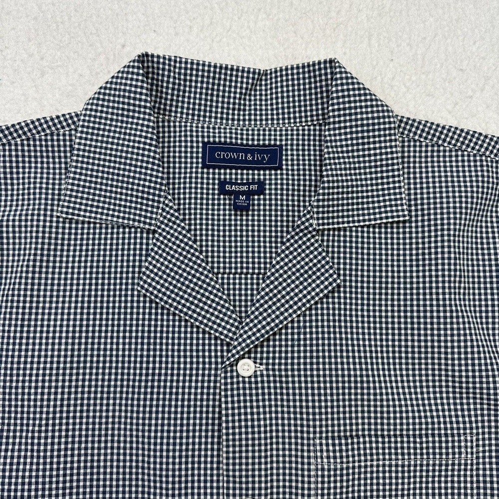Crown & Ivy Shirt Mens Medium M Blue White Plaid Button Up Short Sleeve Classic - Picture 3 of 12